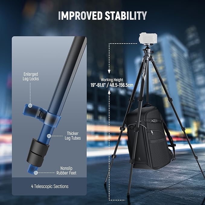 NEEWER LITETRIP LT07 61" Aluminum Travel Tripod for Camera w Pan Tilt Low Profile Ball Head, Arca QR Plate Compatible with PD Tripod Plate, Dual Center Axis, Phone Holder, Max Load 22lb