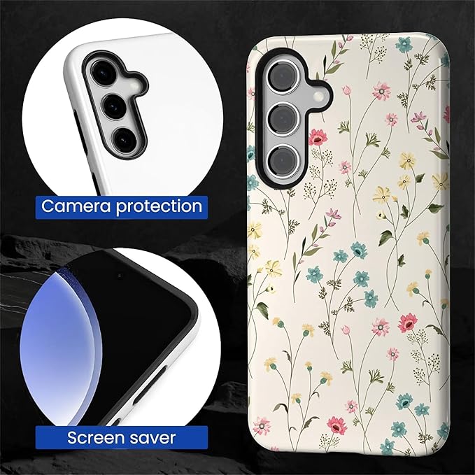 for Samsung Galaxy S23 FE Case,HL2 Beige Flower Branch Hybrid 2 Layer Hard Shell Silicone Protective Pattern Design Case