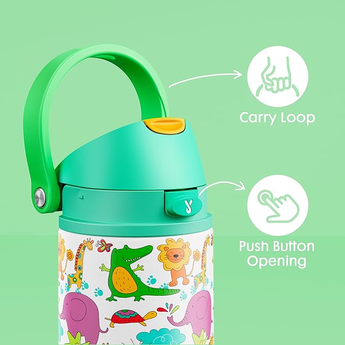 18 oz Kids Water Bottle for School: Meoky 18 oz Stainless Steel Insulated Water Bottle with 2-in-1 Straw and Spout Lid - Leak Proof, Fits in Car Cup Holder, BPA-Free for Teens Boys Girls, Wild Animals