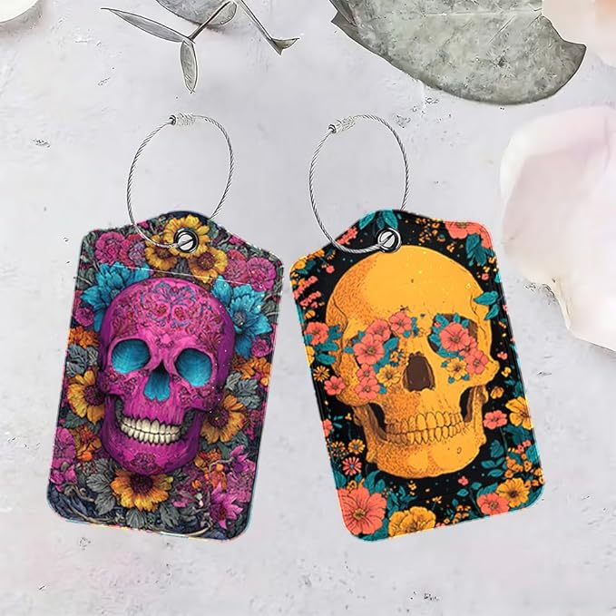 Cinco de Mayo Floral Skull Luggage Tags 2 Pcs, Mexican Fiesta Bag Tags for Luggage, Vibrant Travel Suitcase Name ID Identifiers, 2.83x4.53 Inch
