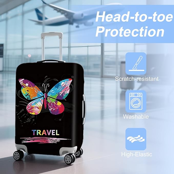 ANNA QUEEN Colorful Butterfly Travel Luggage Cover -Stretchable Airplane Suitcase Protector Sleeve,Universal Washable Fit for 28-30 Inch Checked Baggage,Water Resistant Durable Luggage Protector