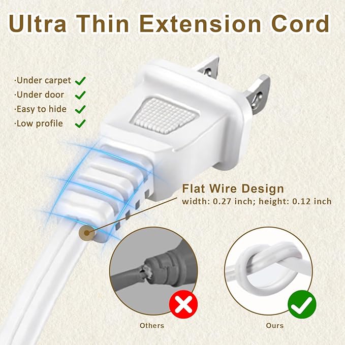 25 FT 2 Prong Extension Cord, 18AWG SPT-2 Indoor Male to Female Power Cord ETL Listed Extra Long Extension Cords, Flexible & Thin Design for Home Office Use, 10A 1250W, Polarized Plug, White