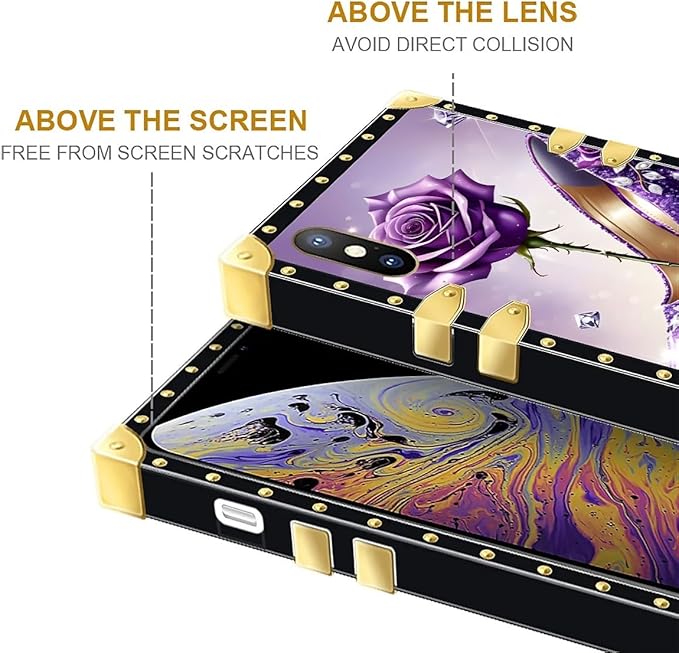 Compatible with iPhone Xs Max Case, High Heeled Purple Diamond Rose Luxury Golden Decoration for Girl Women Soft TPU Shockproof Protective Hard PC Back for iPhone Xs Max