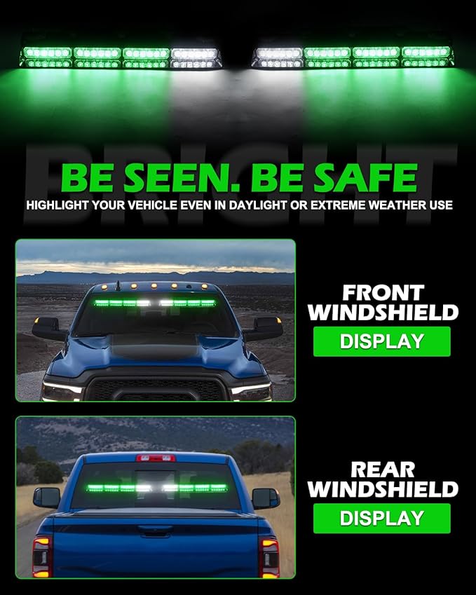 HLauto 604N Emergency Dash Strobe Lights: 2x16.8 inch Green Security Light w/Take Down, 48 LED Safety Flashing Warning Hazard Interior Windshield Light Bar for Truck Vehicle