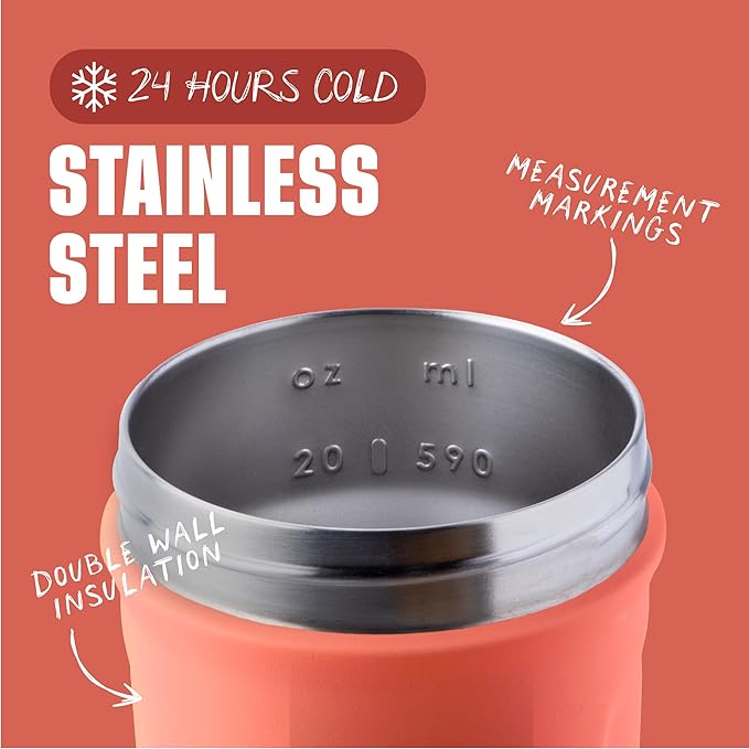 BlenderBottle Sport Shaker Cup Insulated Stainless Steel Water Bottle with Wire Whisk, 24-Ounce, Full Color Coral