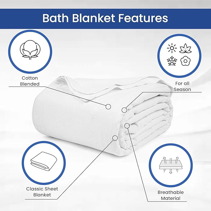 Linteum Textile Cotton Blended Hospital Patient Bath Blanket, Bed Bath Sheet, Queen Blanket Lightweight Sheet Blankets 90x90 in, 2.25 lb. White