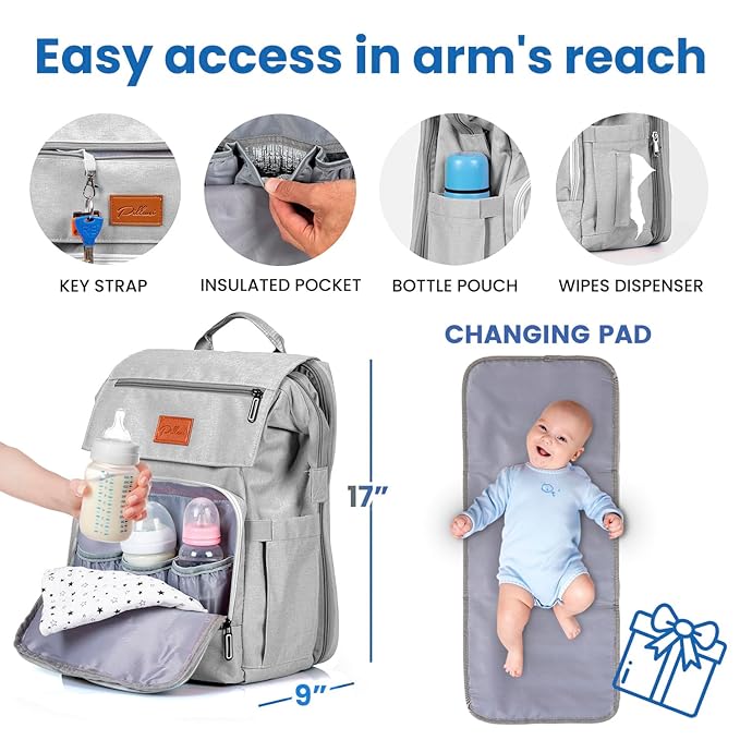 Baby Diaper Bag Backpack - Baby Bags for Boys & Girls, Large Waterproof Diaper Backpack - Baby Shower Gifts & Registry Must Haves - Travel Diaper Bags with Changing Pad & Back Zipper - Baby Boy Stuff