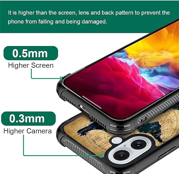 for iPhone 16 Case, Brown World Map Pattern Graphic Design Girl Boy Soft Silicone Hard Acrylic Shock Protection for iPhone 16