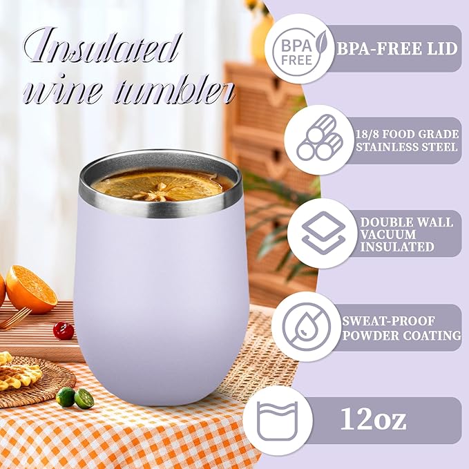 12oz Stemless Wine Tumbler with Lid Double Wall Insulated Wine Cup Stainless Steel Glasses Tumbler with Straw Insulated cocktail Tumbler Coffee Mug for Hot and Cold Beverages (Multicolor-9,6Pack)