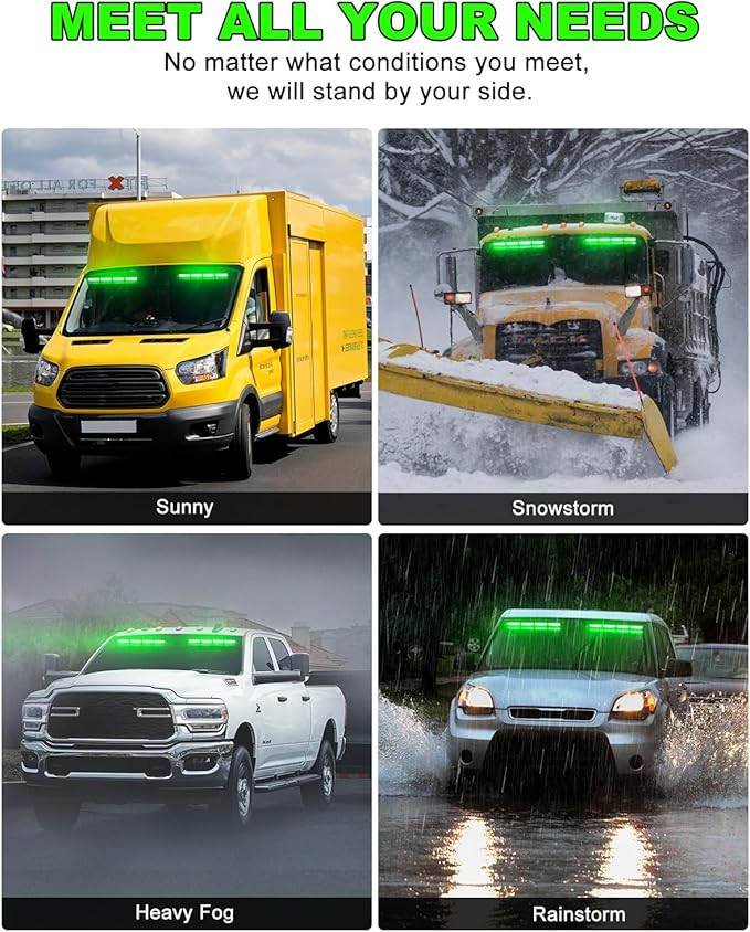 HLauto 6Z4J Emergency Dash Strobe Lights: 2x16.8 inch Green Safety Lights, 48 LED Flashing Warning Hazard Interior Windshield Visor Traffic Light Bar for Trucks, Construction Vehicles