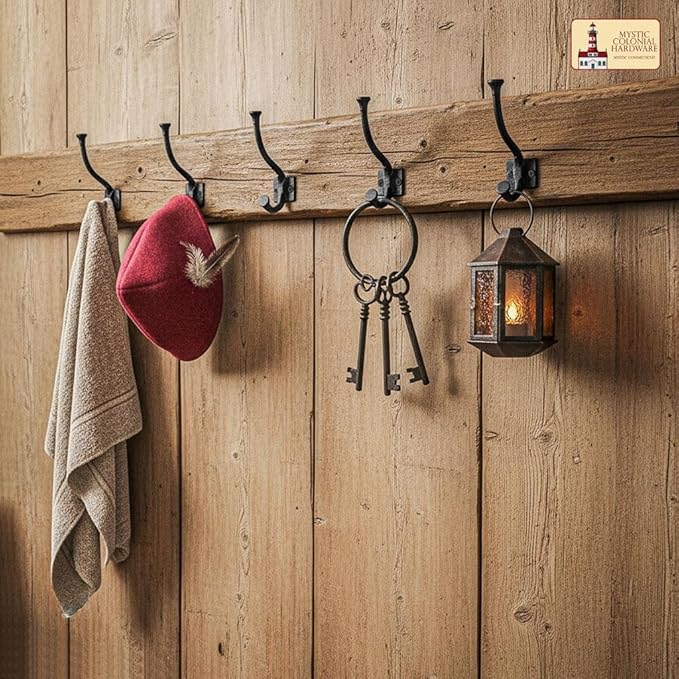 Mystic Colonial Medieval Rustic Cast Iron Wall Hooks (Set of 2) | (4 in x 3 in) Vintage Black Coated Double Coat & Hat Hook Hangers | Heavy-Duty Farmhouse, Gothic & Modern Decor