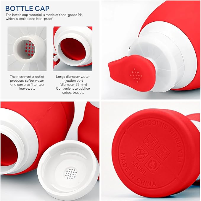 Collapsible Lightweight 20oz Water Bottle, Food-Grade Silicone BPA Free, Foldable Portable Leak Proof Office Travel Cycling Sports Outdoor Water Bottle with Vertical Hook (red, Short nozzle)