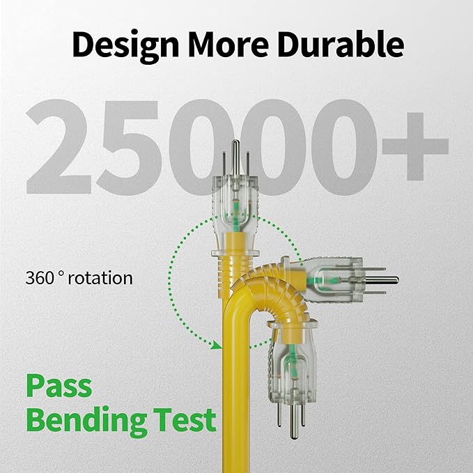 POWGRN 25 ft 12/3 Outdoor Extension Cord Waterproof Heavy Duty with Lighted Indicator End 12 Gauge 3 Prong, Flexible Cold-Resistant Long Power Cord Outside, 15Amp 1875W SJTW Yellow ETL Listed
