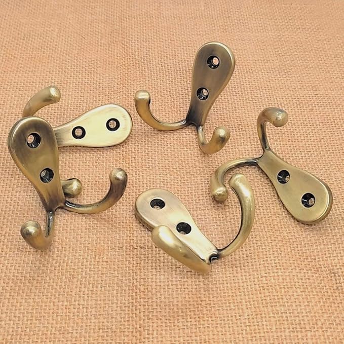 FAPBADRI Multipurpose Hooks, Used to Hang Clothes, Bags, Coats, Curtain Hold Backs, Keys, Colour - Antique Gold, Material - White Metal, Screws and Wallplugs Included, Pack of 2 Pieces