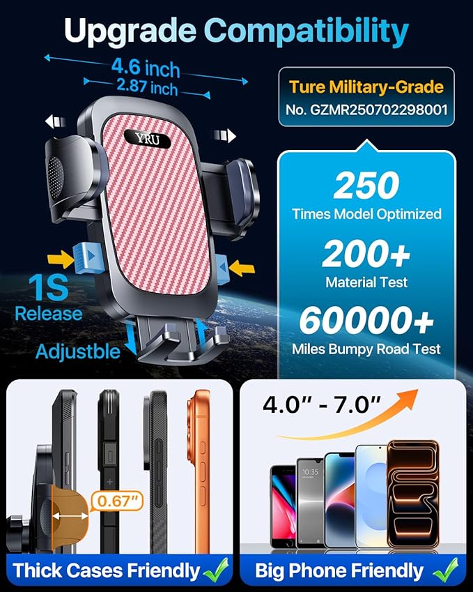 YRU [True Upgrade for Safety Car Phone Holder Mount [Patent & Military-Grade] Dashboard Cell Phone Holder for Car Vent Windshield Phone Stand for iPhone 17 16 15 14 13 Pro Max Truck Samsung, Pink