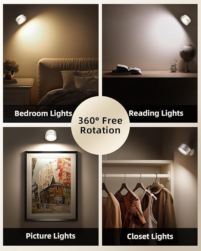 LED Wall Mounted Lights, Rechargeable Wall Sconces Lamp, 3 Color Temps & Remote and Touch, 360° Rotation Dimmable Cordless Wall Light for Study Bedroom Reading Bedside(White, 1 Pack)