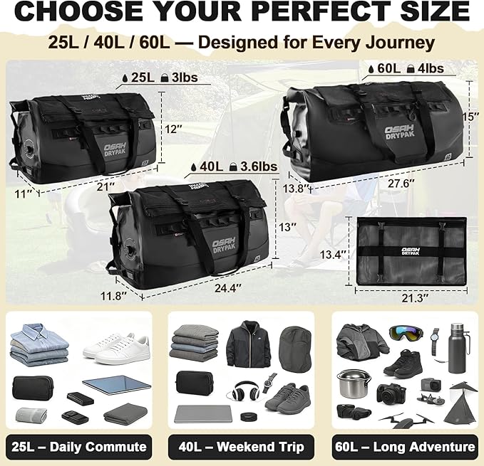 OSAH DRYPAK Waterproof Duffel Bag 25L/40L/60L – Heavy-Duty Motorcycle Tail Bag, Roll-Top Dry Bag for Travel, Camping, Boating, Kayaking, Outdoor Adventure