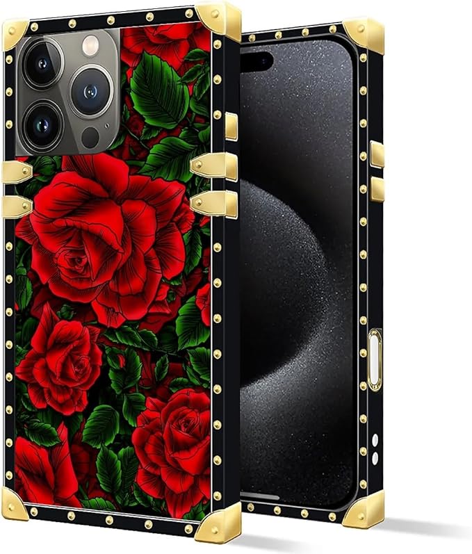 Compatible with iPhone 16 Pro Case, Vector Red Rose Green Leaf Luxury Golden Decoration for Girl Women Soft TPU Shockproof Protective Hard PC Back