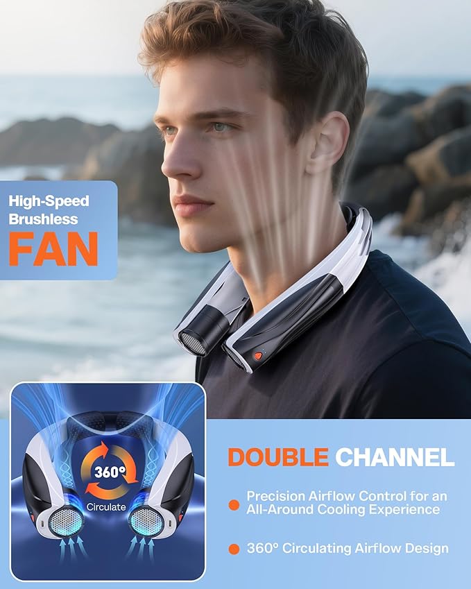 Portable Neck Fan - 6000mAh Battery Hands Free Personal Fan, 6 Speed Adjustable, Rechargeable & Wearable, Gift for Women Men, Office, Travel, Sports
