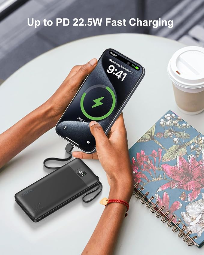 Portable Charger Built-in Cables and AC Wall Plug, 10000mAh 22.5W PD Fast Charging Power Bank, Lightweight Compact Battery Pack Travel Essentials for iPhone 17/16/15/14/13 Series,Samsung,Tablets