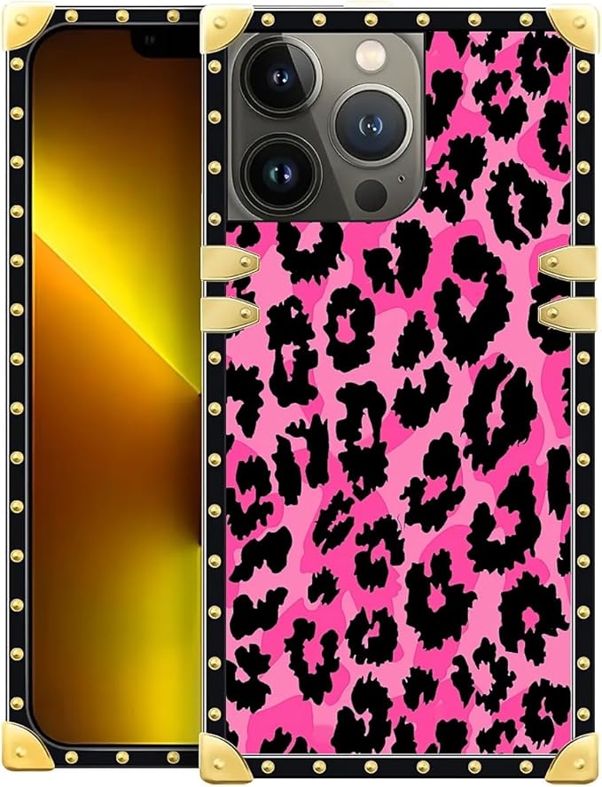 Compatible with iPhone 13 Pro Max Case, Pink Black Leopard Luxury Golden Decoration for Girl Women Soft TPU Shockproof Protective Hard PC Back for iPhone 13 Pro Max