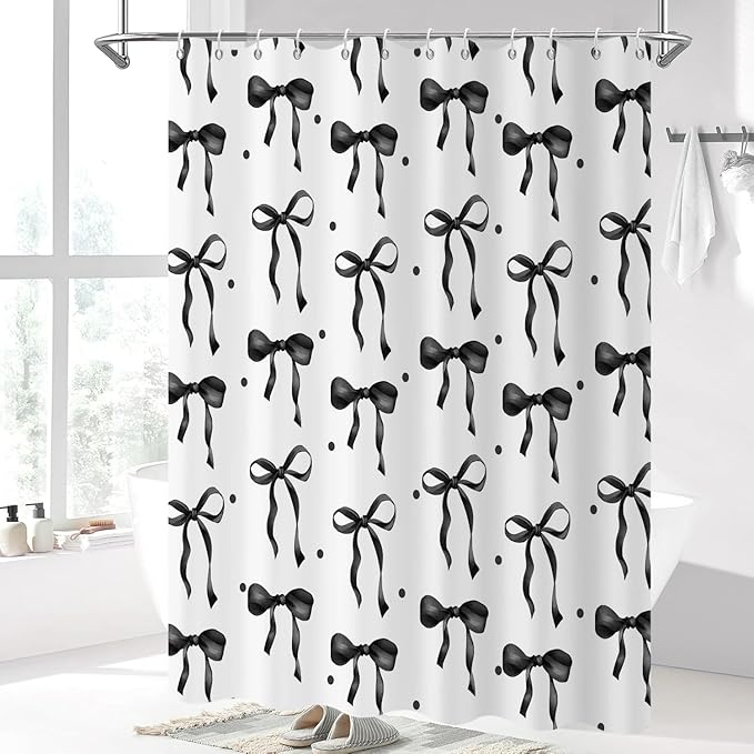 Black Bow Shower Curtain, Black and White Modern Aesthetic Bowknot with Polka Dot Cute Girly Bathroom Curtain Waterproof Fabric Machine Washable with Hooks, 72" Wx72 L