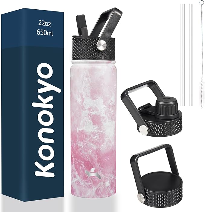 Konokyo 22oz Stainless Steel Bottles with 3 Lids Sport Insulated Water Bottle,Marble Blossom