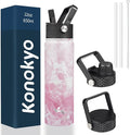 Konokyo 22oz Stainless Steel Bottles with 3 Lids Sport Insulated Water Bottle,Marble Blossom
