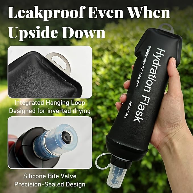 2Pcs 500ml Soft Flask, TPU Collapsible Soft Water Bottle for Hydration Pack, Running Vest, Leak-Proof Folding Water Bottle for Hiking Cycling Climbing Jogging- Black