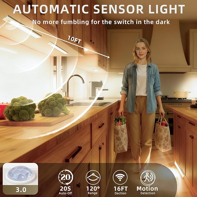 4 Pack Under Cabinet Lighting, Rechargeable Motion Sensor Light Indoor, Wireless Dimmable Magnetic Closet Lights, 32 LED Under Counter Lights for Kitchen, Wardrobe, Stairs, Warm Light