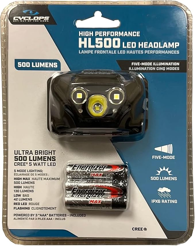 Cyclops HL500 Headlamp | Tactical Durable Lightweight Compact Adjustable Headband Weather Resistant IPX6 Bright LED 500 Lumen Head Flashlight | AAA Batteries Included