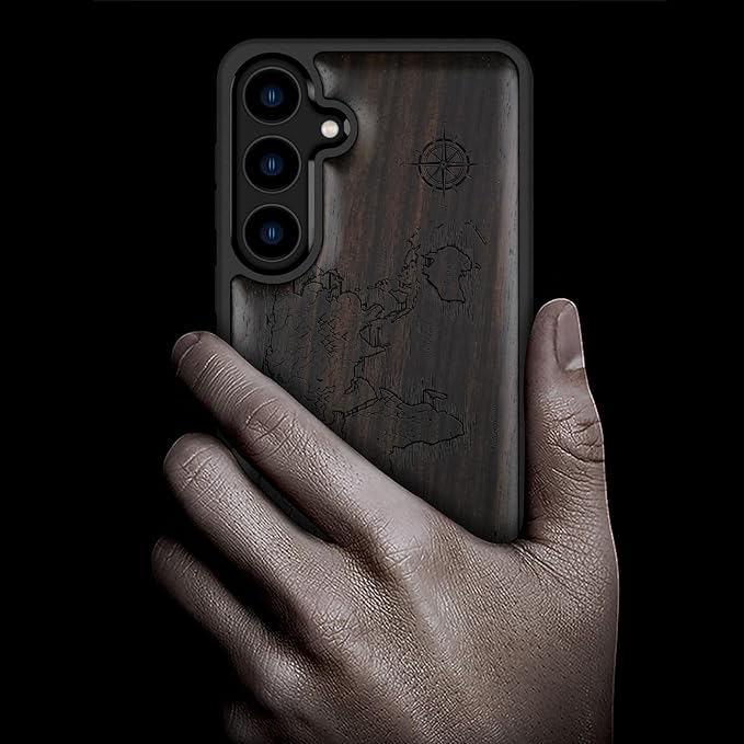 Carveit Wood Case for Galaxy S24 Plus Case [Natural Wood & Black Soft TPU] Shockproof Protective Cover Unique Wooden Design Compatible with S24 Plus (Compass Maps-Blackwood)