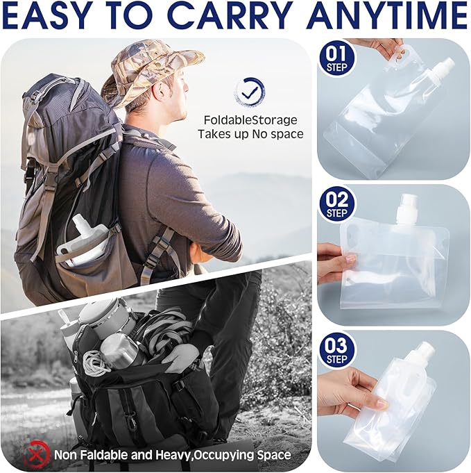 Maxdot 12 Pack 1L Collapsible Travel Water Bottles with Clip 33 oz Clear Foldable Water Pouch Container Bag for Hiking Backpacking Camping Travel Emergency