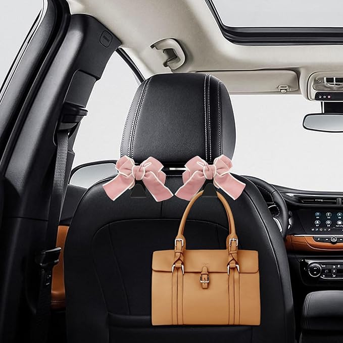 2PCS Car Hooks for Purses and Bags, Cute Bow Car Seat Headrest Hook, Car Accessories Multipurpose Back Seat Hanger Storage Organize Universal for Vehicles (2PCS-Pink Bowknot)