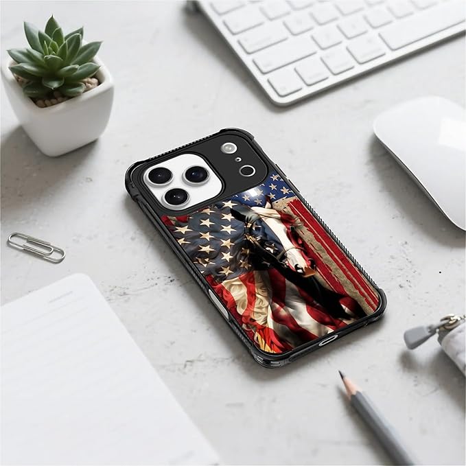 for iPhone 17 Pro Case,for MagSafe Graphic Design for Girl Boy Soft Silicone Hard Acrylic Shock Protection Designed for iPhone 17 Pro Red American Flag Horse Cross Pattern