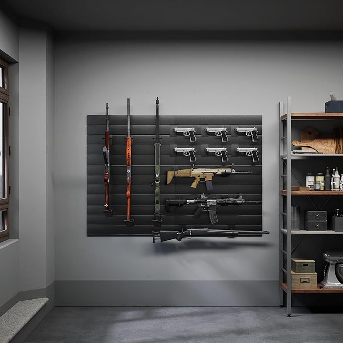 Gun Wall Mount Display Heavy Duty Adjustable Indoor Gun Rack Wall Rack Storage System Suitable for Rifles Storage Modular Firearms Gun Wall Gear Accessories Organizer for Helmet Vest Belt Police Gear