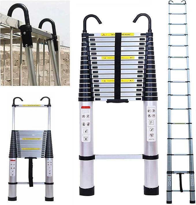 Extension Ladder 20.34 FT Telescoping Ladder with 2 Detachable Hooks & Rubber Feet Aluminum Multi-Purpose Extend Folding Step Ladders Extendable Loft Ladder 330lbs Capacity for Household Daily 6.2M