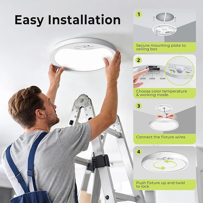 hepside 2 Pack Motion Sensor Ceiling Light Wired, 3000K/4000K/6500K LED Flush Mount Ceiling Light Fixture, 12Inch 24W Motion Sensor Light with Timer for Closet Stair Porch Hallway Pantry,White