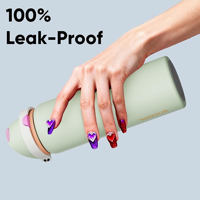 Insulated Water Bottle with Straw - Encool Stainless Steel Water Bottle with Push Button Lid, Leak-Proof & BPA-Free, Keeps Cold for 24 Hours for Sports, Travel, Gym (32 oz, Geyser Green)