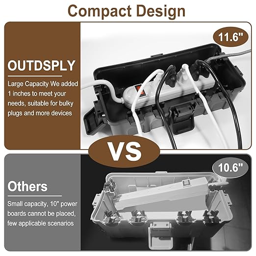 [2 Pack] Outdoor Electrical Box Waterproof, OUTDSPLY Medium Outdoor Electrical Box (11.6x5.2x4.1 inch) w/ 6 Cable Entry, Weatherproof Connection Box for Power Strip, Plug, Timer, Holiday Lights, Brown