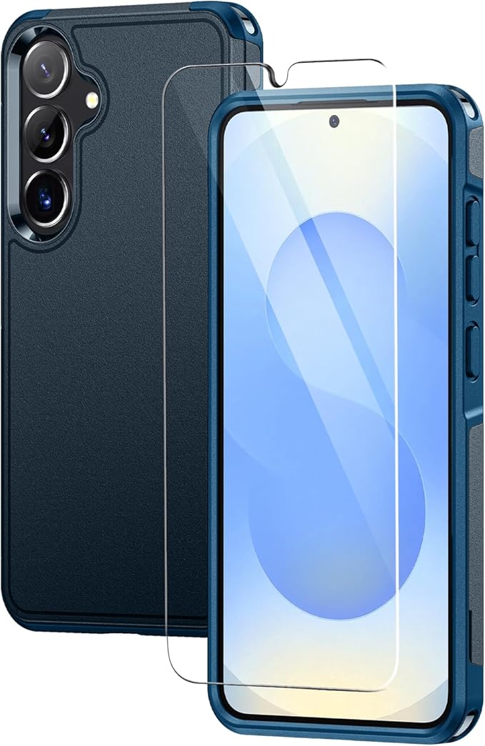 Lanhiem for Samsung Galaxy S25 S24 Phone Case with Tempered Glass Screen Protector, Shock Absorption, Anti-Scratch Shockproof Case Cover for Samsung S25 S24, Navy Blue