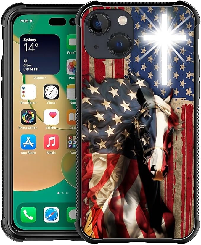 for iPhone 14 Plus Case, Red American Flag Horse Cross Pattern Made of Soft Silicone Hard Acrylic Shock Protection for iPhone 14 Plus