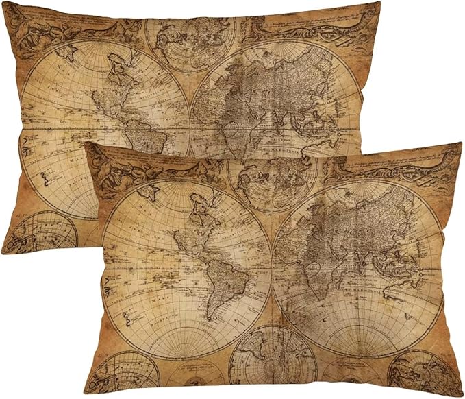 Vintage World Map Throw Pillow Covers Set of 2 Queen Size Old Paper Nostalgic Historical Pillow Cushion Cases Retro Style Standard Pillow Cases Decorative Pillowcase 20X30 Inch for Sofa Bed