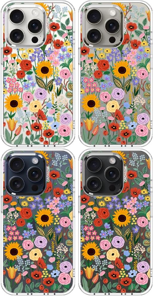 MOSNOVO Case for iPhone 15 Pro, [Buffertech 6.6ft Military-Grade Drop Protection] [Anti Peel Off Tech] Clear TPU Bumper Phone Case Cover Design - Blossom & Bloom
