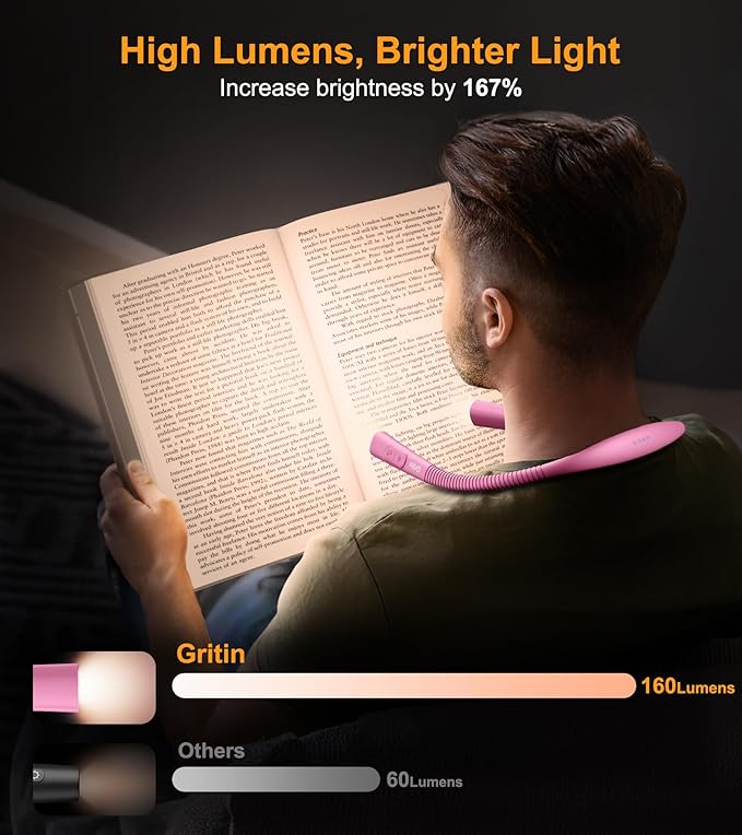 Gritin Book Light, Eye Caring 4-Color & 5-Brightness Neck Light Reading Light- Stepless Dimming,30-min Timer,80+ Hrs Runtime,Bendable Round Neck Design, Lightweight for Reading-Rose