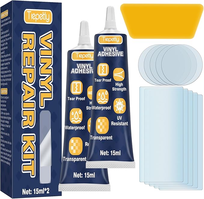 Tiepetly Vinyl Repair Kit Transparent, Air Mattress Patch Kit Heavy Duty, Pool Liner Patch Waterproof, for TPU, EVA, ABS, PVC, Inflatables, Swimming Pool, etc (15ml 2pack)