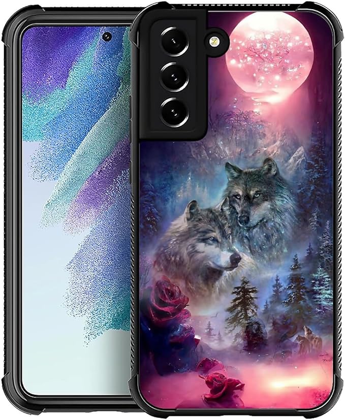 for Samsung Galaxy S21 Plus Case, Star Two Wolfs Howling Pattern Graphic Design Girl Boy Soft Silicone Hard Acrylic Shock Protection for Samsung Galaxy S21 Plus