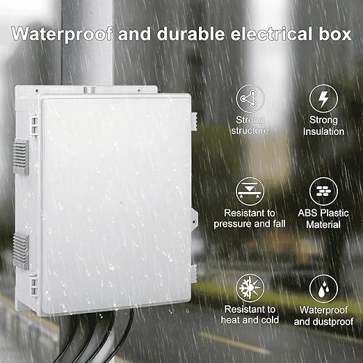 Namunanee Outdoor Electrical Junction Box with High Power Outlet, 16" H* 12" L* 5.9" W, ABS Water Resistant Enclosure with Internal Mounting Panel & Hinged Cover.