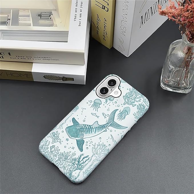 for iPhone 16 Case,HH2 Ocean Whale Shark Hybrid 2 Layer Hard Shell Silicone Protective Pattern Design Case