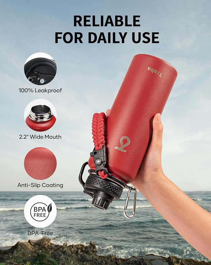 Trebo Water Bottle 40oz with Paracord Handle, Half Gallon Large Vacuum Triple Wall Stainless Steel Insulated Water Jug with Holder Strap Straw Spout Lids, Leakproof Keep Cold & Hot, Red